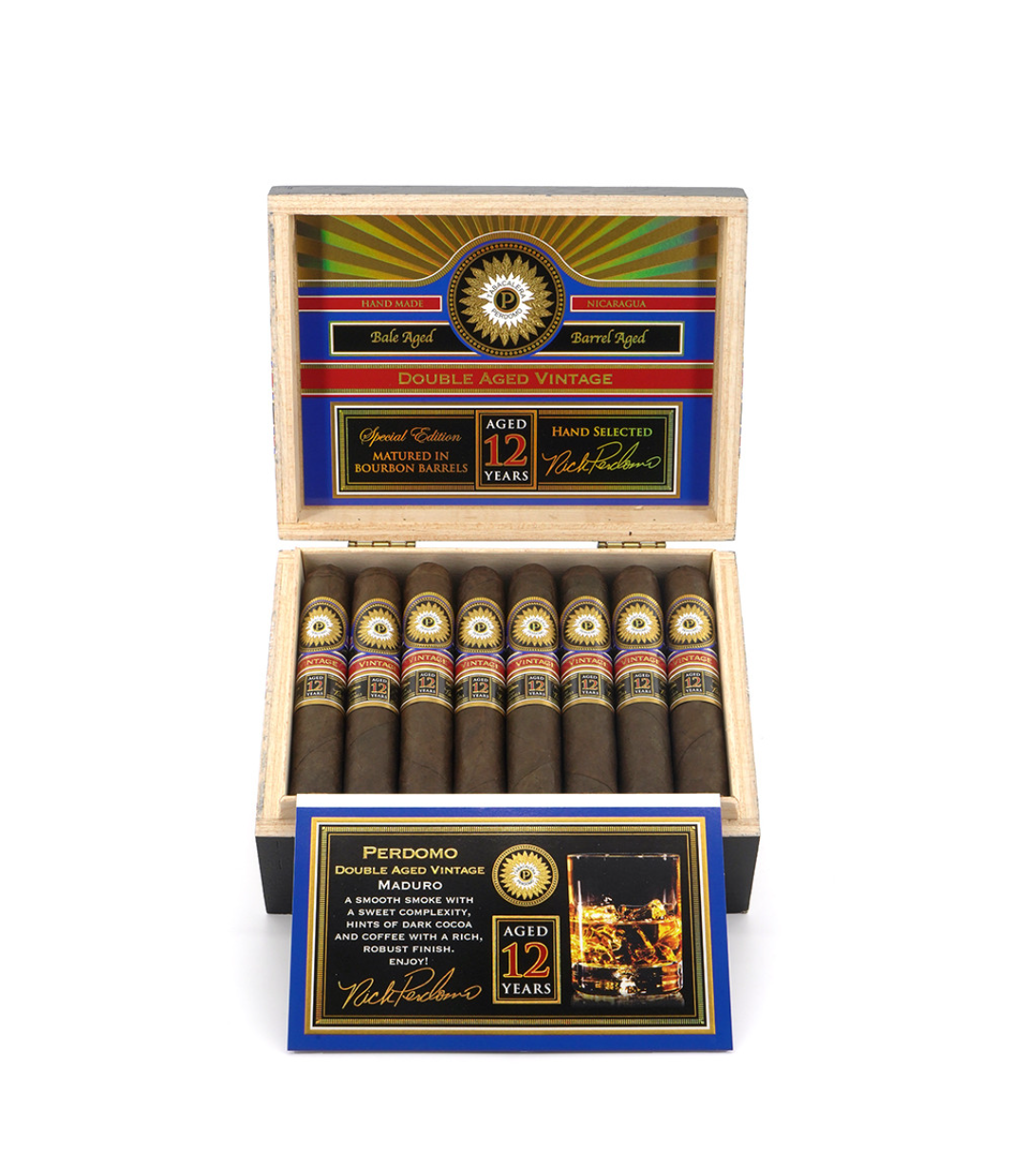 Perdomo Double Aged 12 Year Vintage Maduro Robusto Cigar Box View 2 from AuCigars, premium Cuban cigar