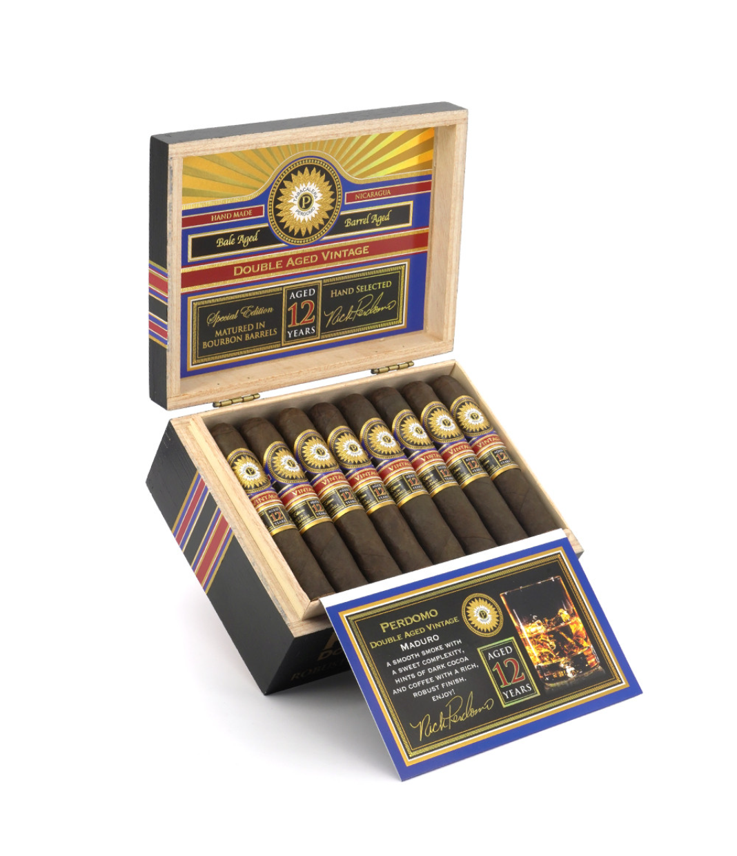 Perdomo Double Aged 12 Year Vintage Maduro Robusto Cigar Box of 24 close-up from AuCigars, premium Cuban cigar