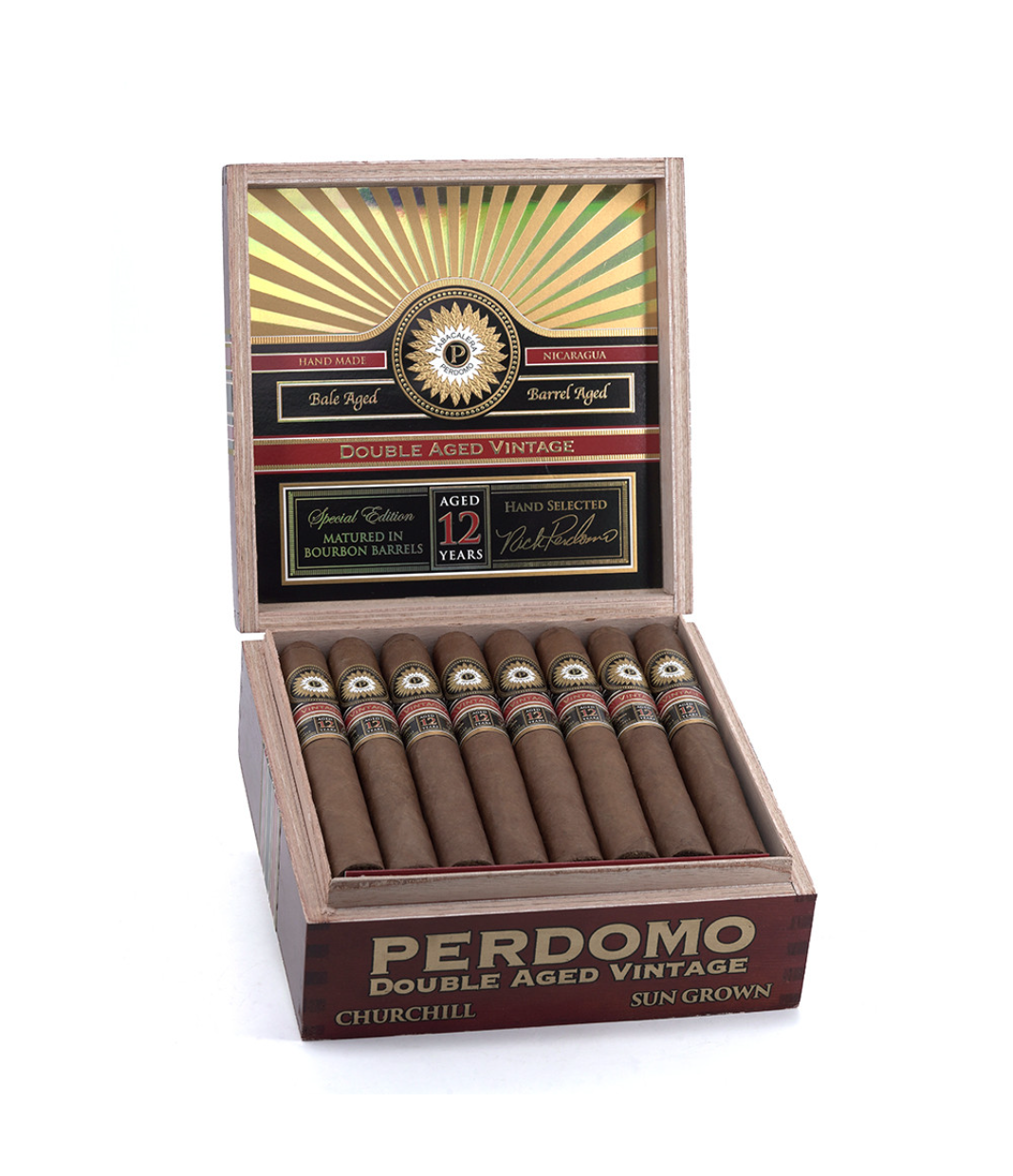 Perdomo Double Aged 12 Year Vintage Sun Grown Churchill Cigar Box of 24 close-up from AuCigars, premium Cuban cigar