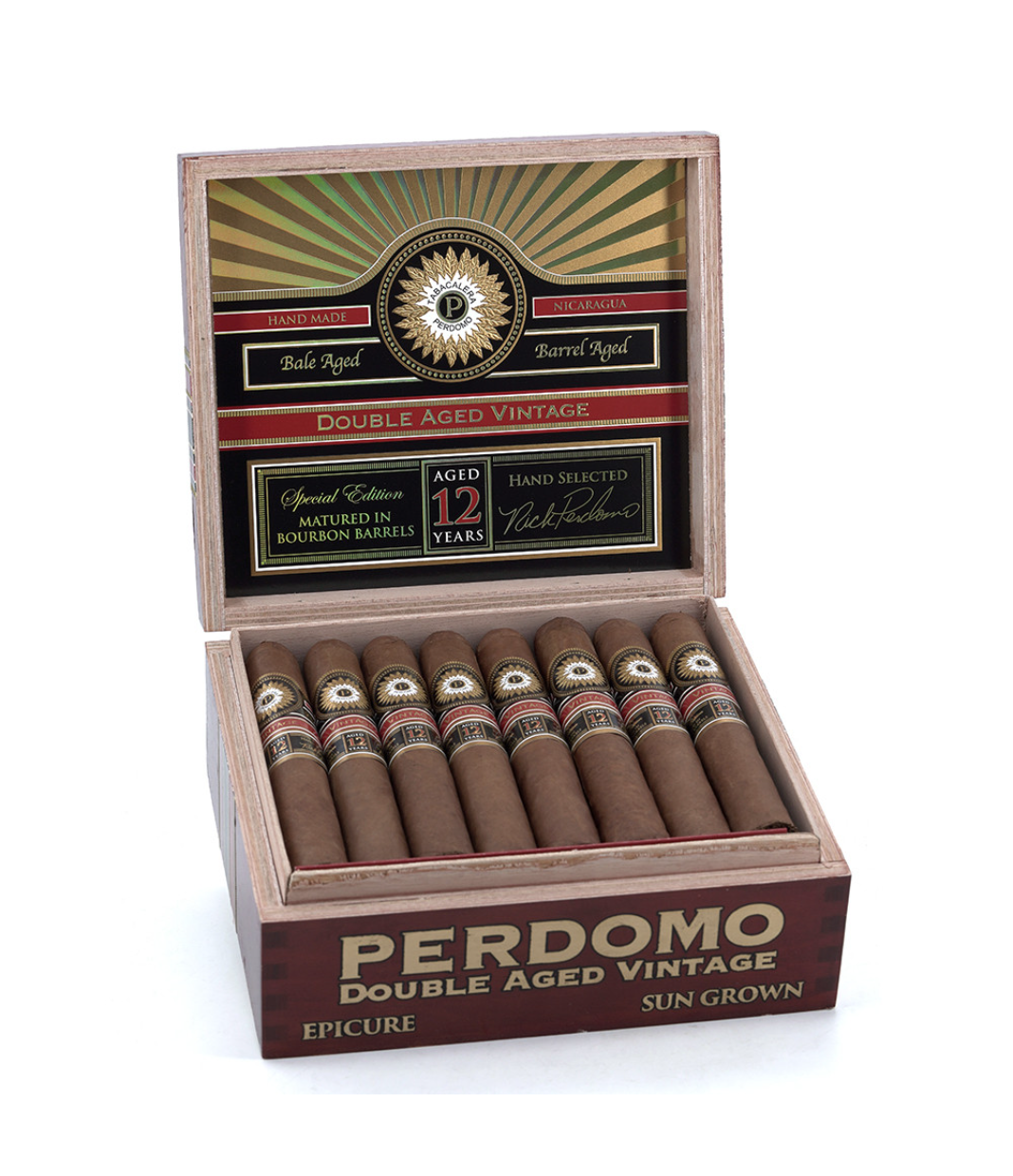 Perdomo Double Aged 12 Year Vintage Sun Grown Epicure Cigar Box of 24 close-up from AuCigars, premium Cuban cigar