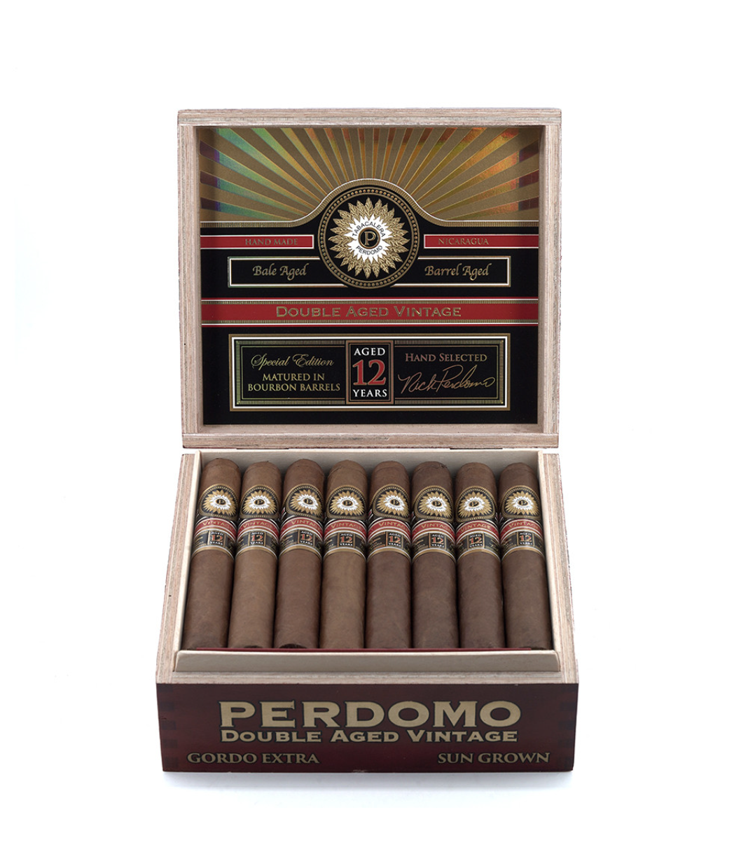 Perdomo Double Aged 12 Year Vintage Sun Grown Gordo Extra Cigar Box View 2 from AuCigars, premium Cuban cigar