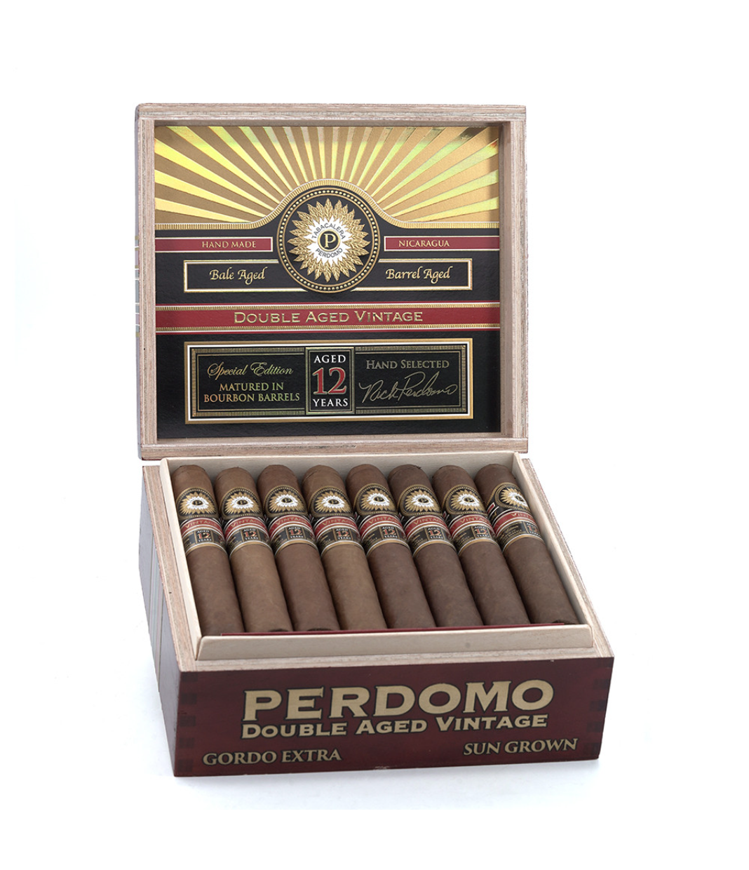 Perdomo Double Aged 12 Year Vintage Sun Grown Gordo Extra Cigar Box of 24 close-up from AuCigars, premium Cuban cigar