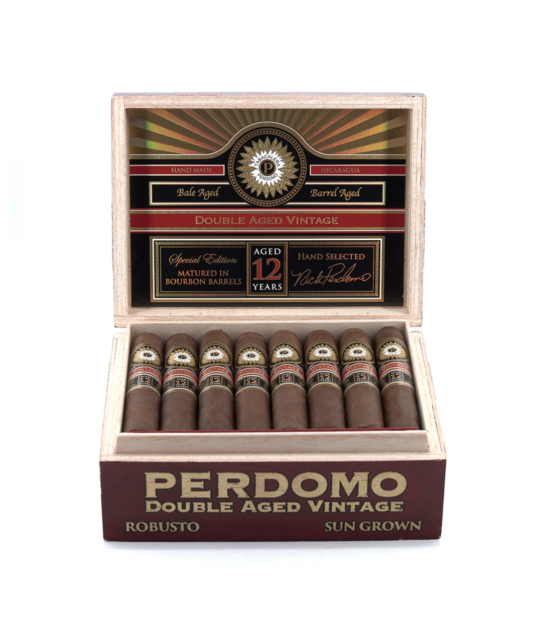 Perdomo Double Aged 12 Year Vintage Sun Grown Robusto Cigar Box View 2 from AuCigars, premium Cuban cigar