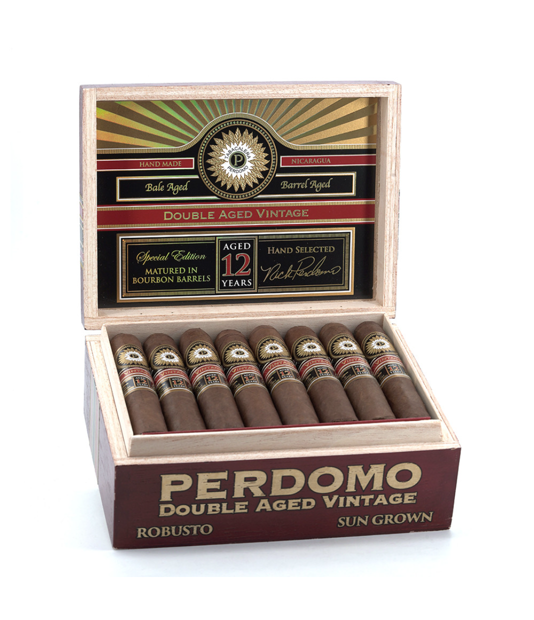 Perdomo Double Aged 12 Year Vintage Sun Grown Robusto Cigar Box of 24 close-up from AuCigars, premium Cuban cigar
