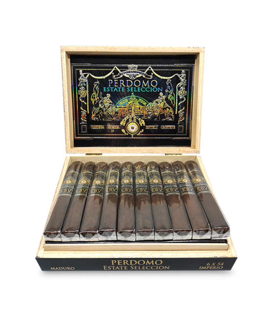 Perdomo Estate Seleccion Vintage Maduro Imperio Cigar Box of 20 close-up from AuCigars, premium Cuban cigar