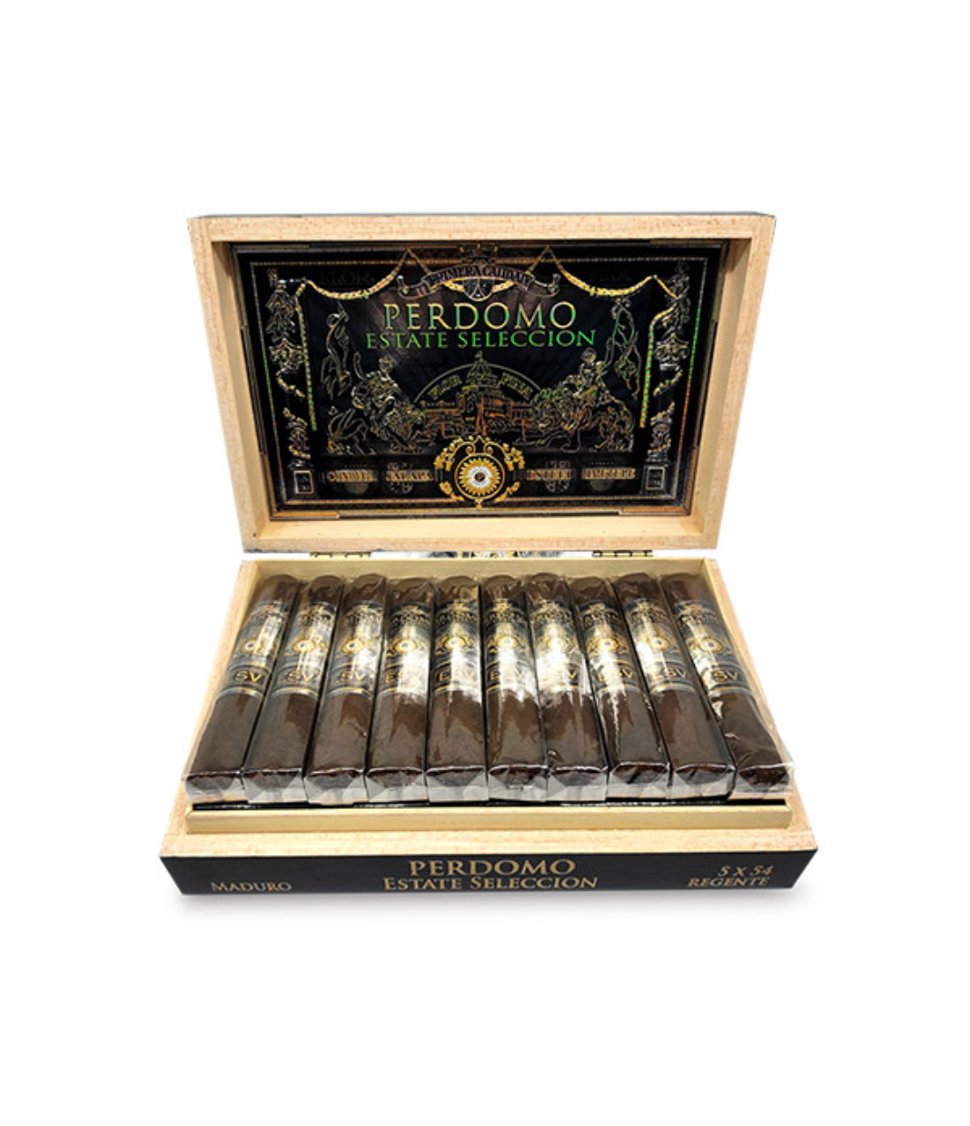 Perdomo Estate Seleccion Vintage Maduro Regente Cigar Box of 20 close-up from AuCigars, premium Cuban cigar