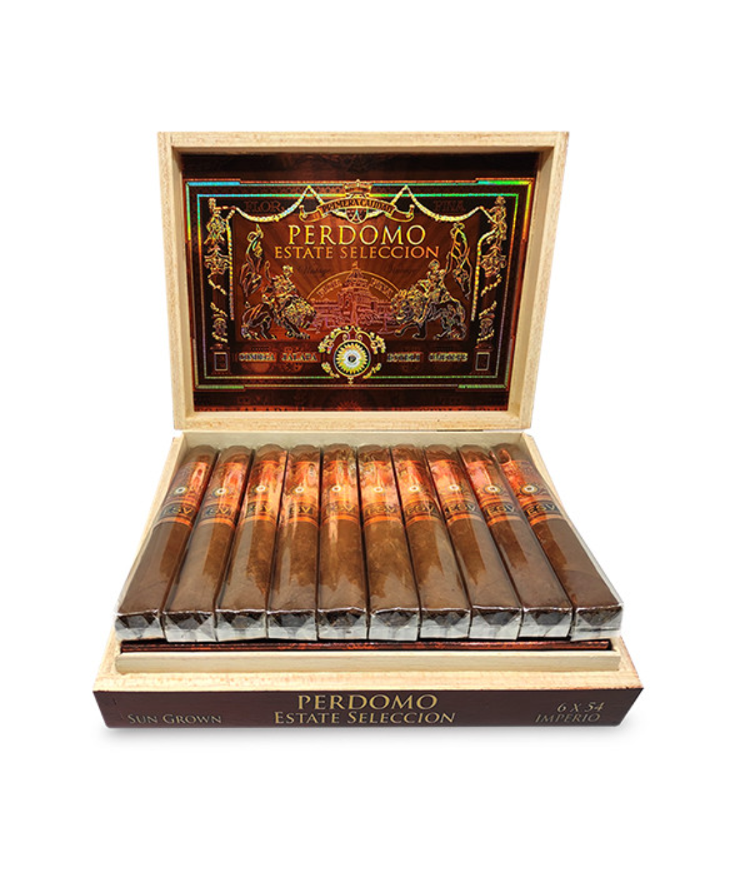 Perdomo Estate Seleccion Vintage Sun Grown Imperio Cigar Box of 20 close-up from AuCigars, premium Cuban cigar