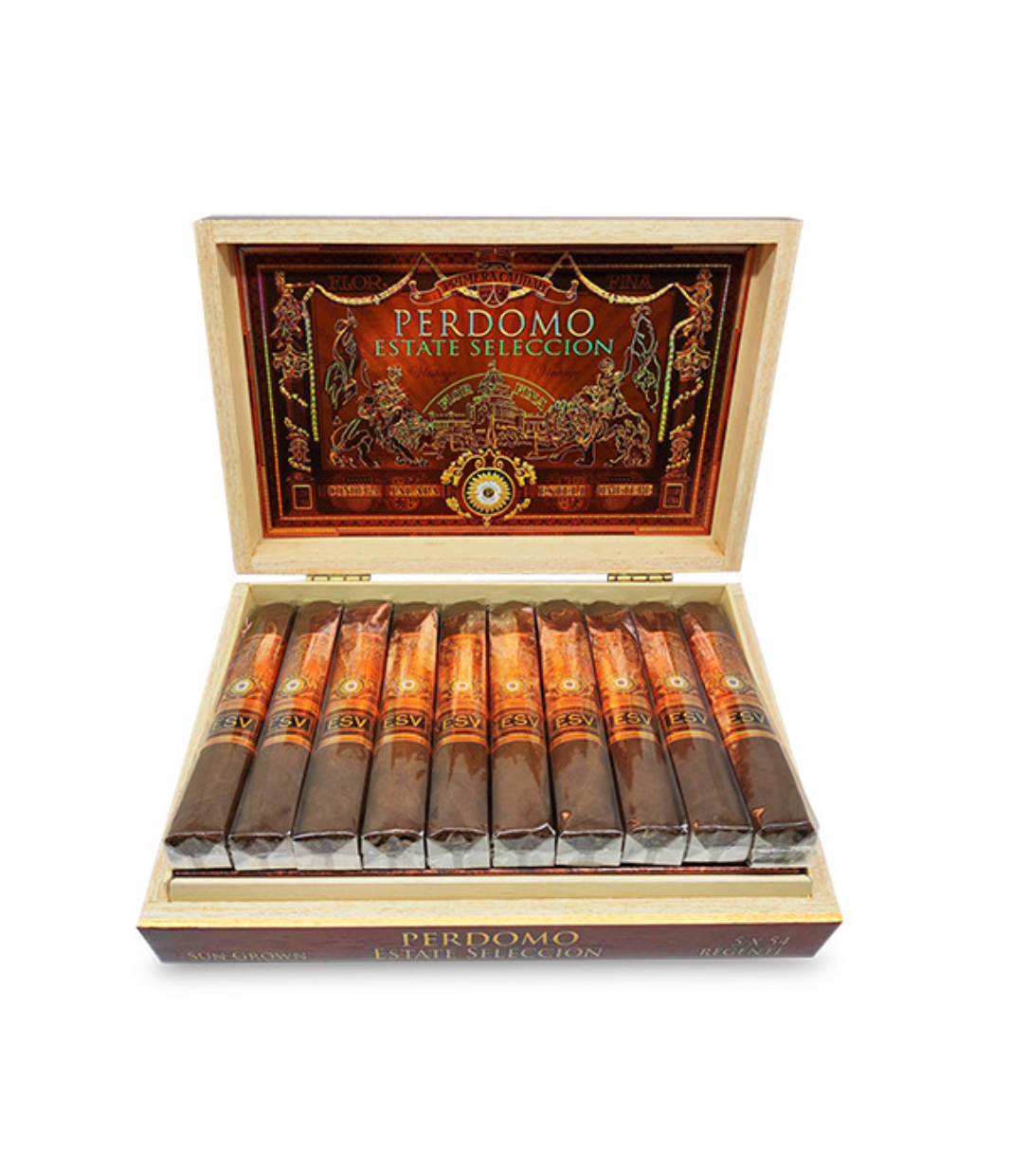 Perdomo Estate Seleccion Vintage Sun Grown Regente Cigar Box of 20 close-up from AuCigars, premium Cuban cigar