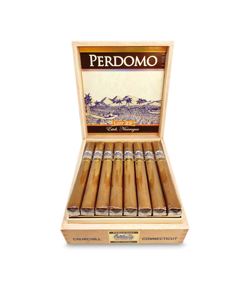 Perdomo Lot 23 Connecticut Churchill Cigar Box of 24 close-up from AuCigars, premium Cuban cigar