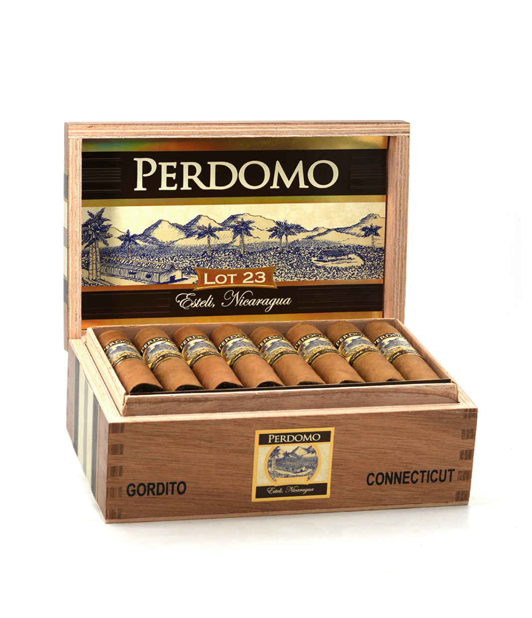 Perdomo Lot 23 Connecticut Gordito Cigar Box of 24 close-up from AuCigars, premium Cuban cigar