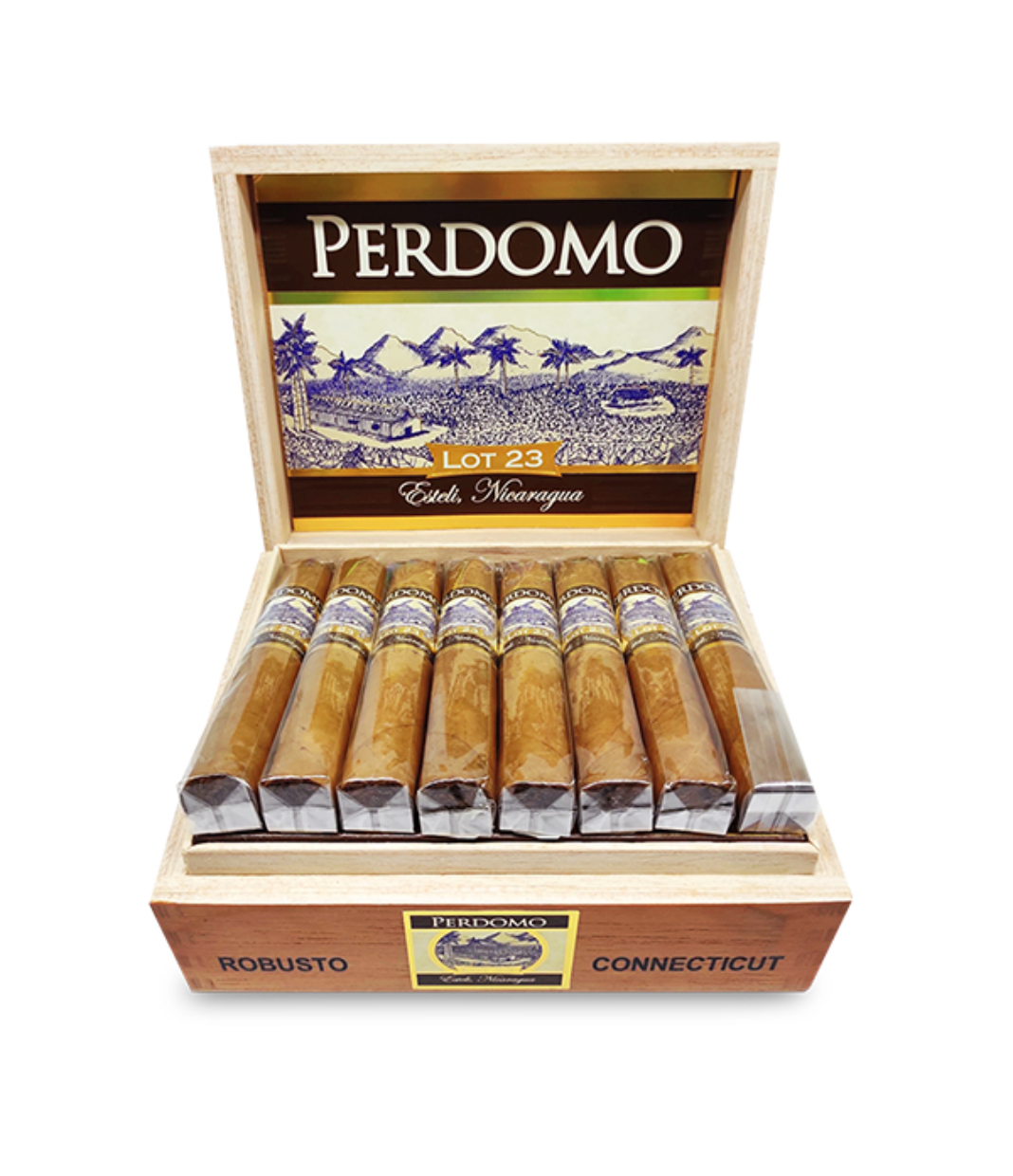 Perdomo Lot 23 Connecticut Robusto Cigar Box of 24 close-up from AuCigars, premium Cuban cigar
