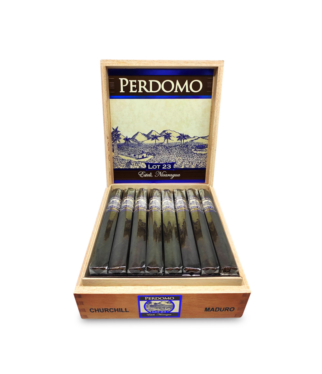 Perdomo Lot 23 Maduro Churchill Cigar Box of 24 close-up from AuCigars, premium Cuban cigar