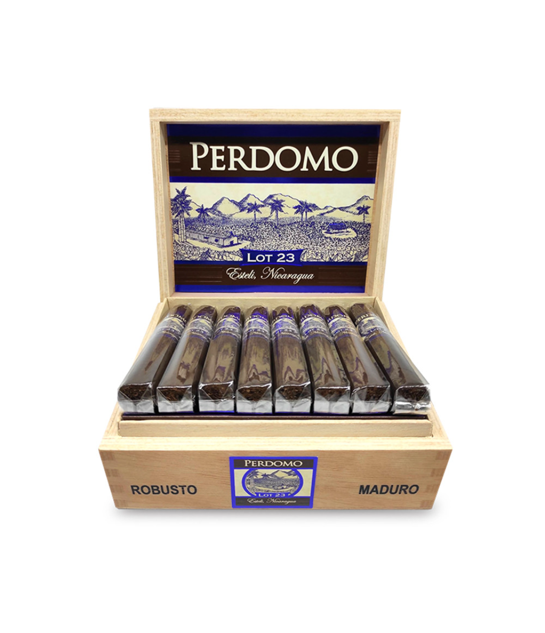 Perdomo Lot 23 Maduro Robusto Cigar Box of 24 close-up from AuCigars, premium Cuban cigar