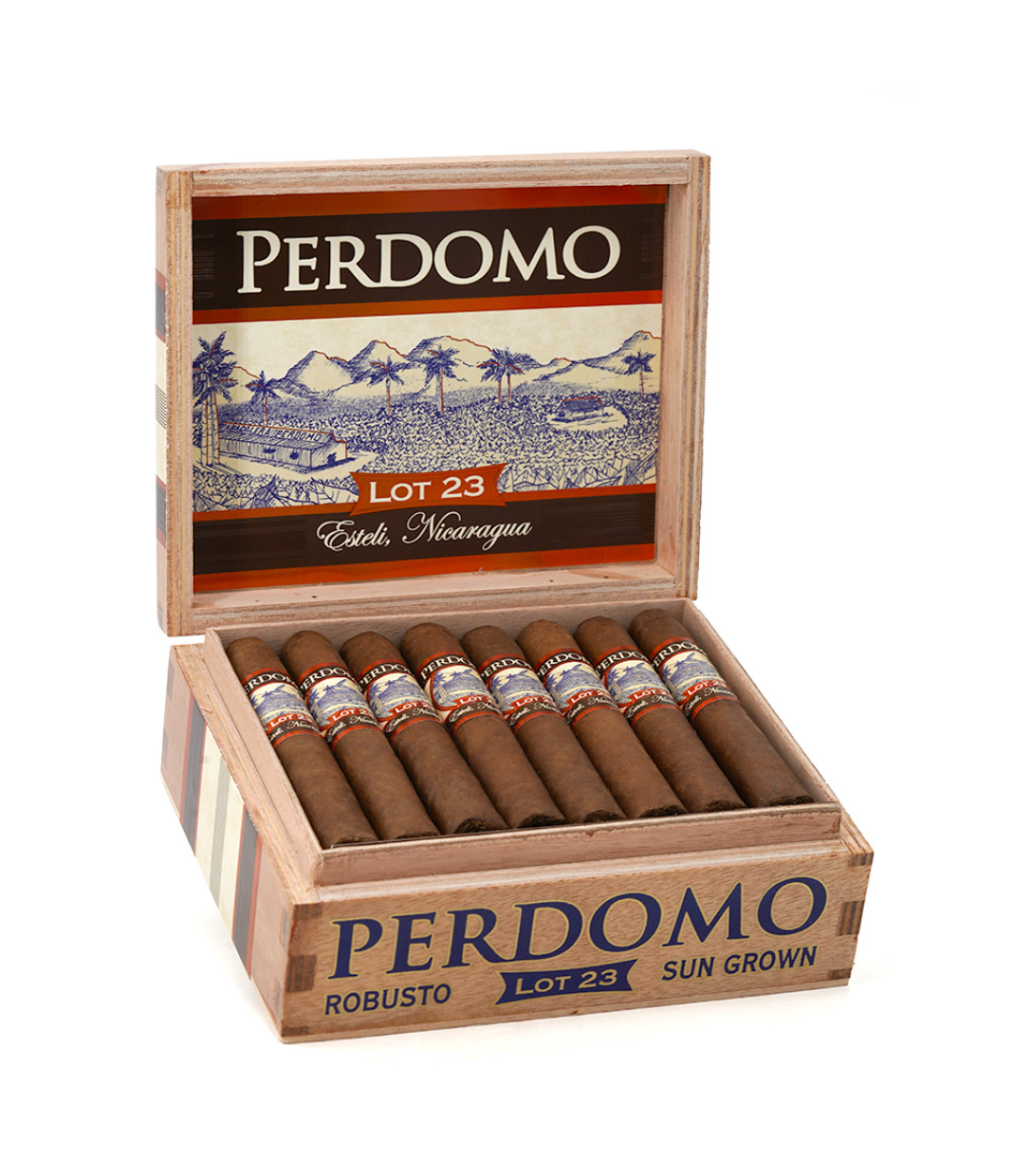 Perdomo Lot 23 Natural Sungrown Robusto Cigar Box of 24 close-up from AuCigars, premium Cuban cigar