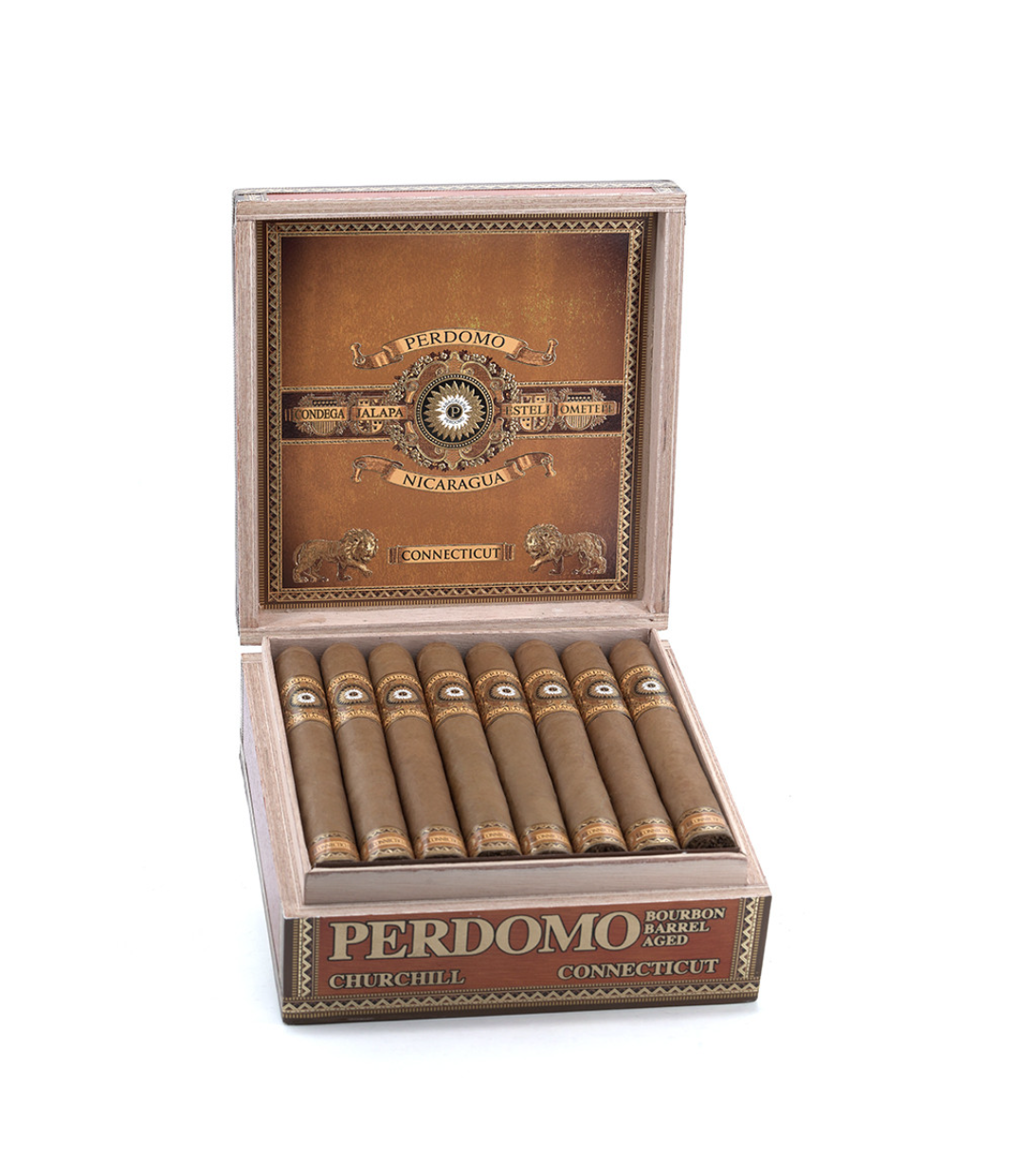 Perdomo Nicaragua Bourbon Barrel Aged Connecticut Churchill Cigar Box of 24 close-up from AuCigars, premium Cuban cigar