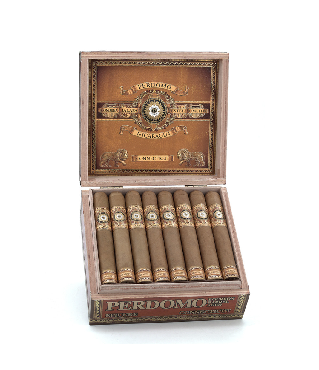 Perdomo Nicaragua Bourbon Barrel Aged Connecticut Epicure Cigar Box of 24 close-up from AuCigars, premium Cuban cigar