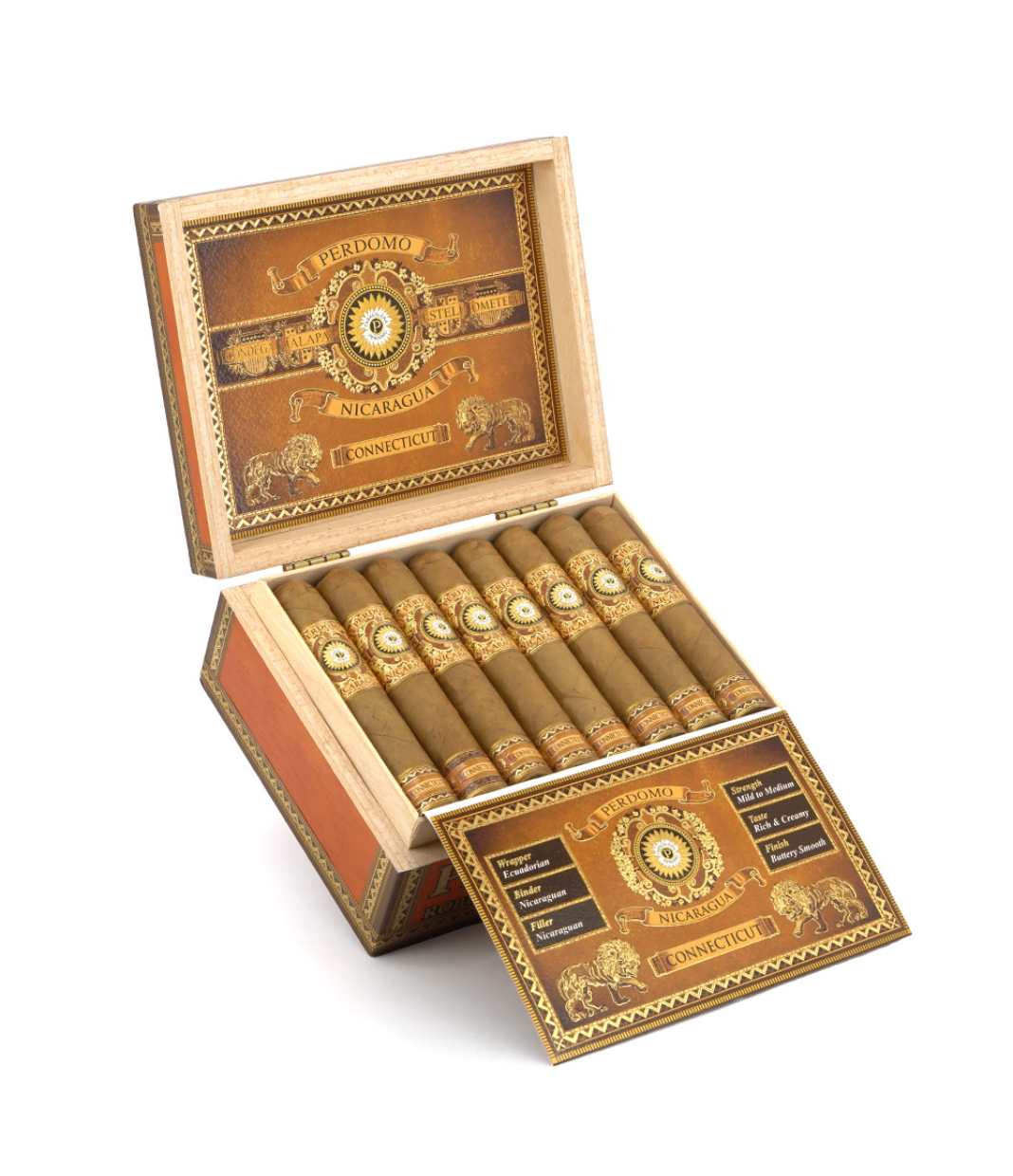 Perdomo Nicaragua Bourbon Barrel Aged Connecticut Robusto Cigar Box of 24 close-up from AuCigars, premium Cuban cigar