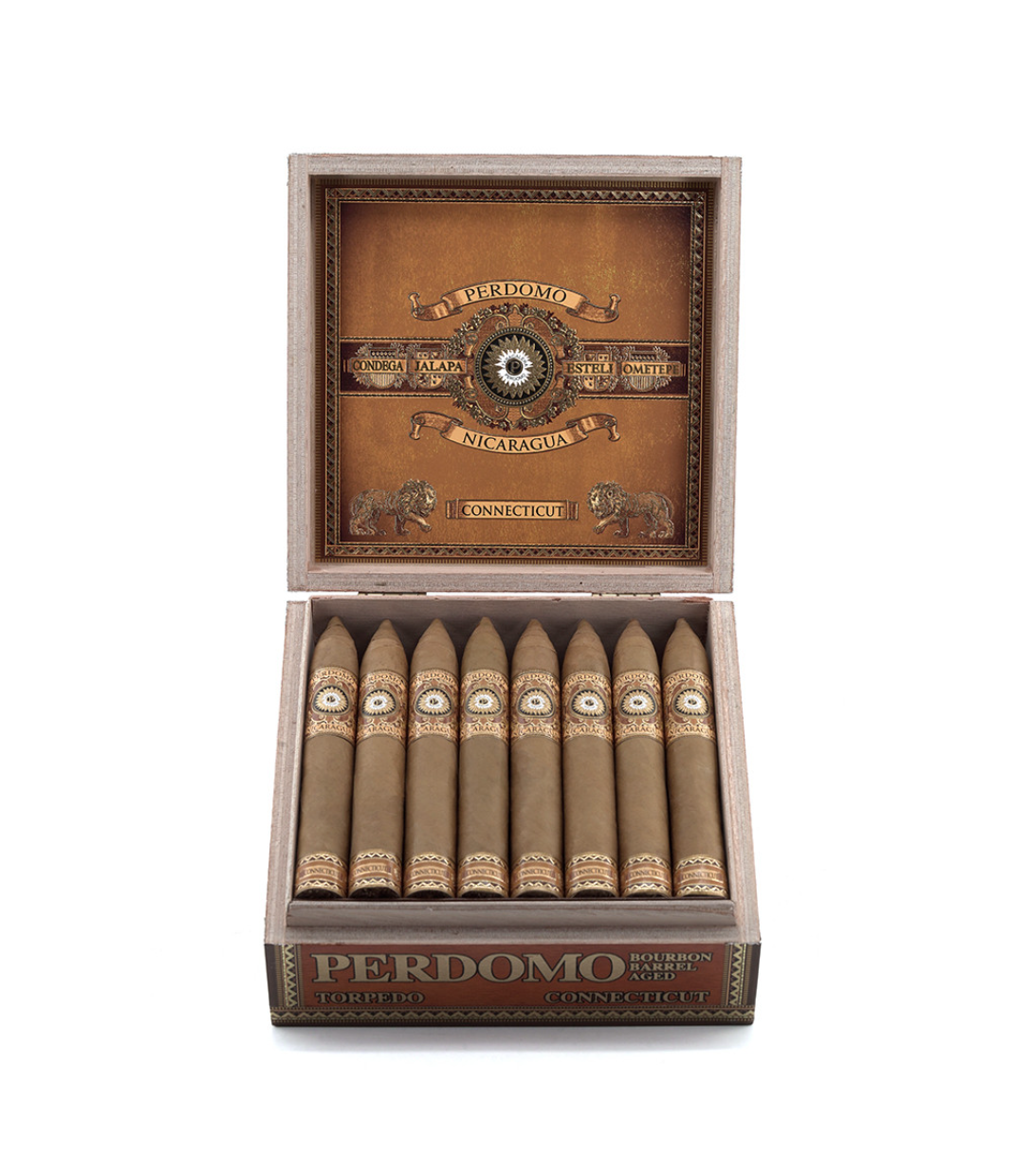 Perdomo Nicaragua Bourbon Barrel Aged Connecticut Torpedo Cigar Box View 2 from AuCigars, premium Cuban cigar