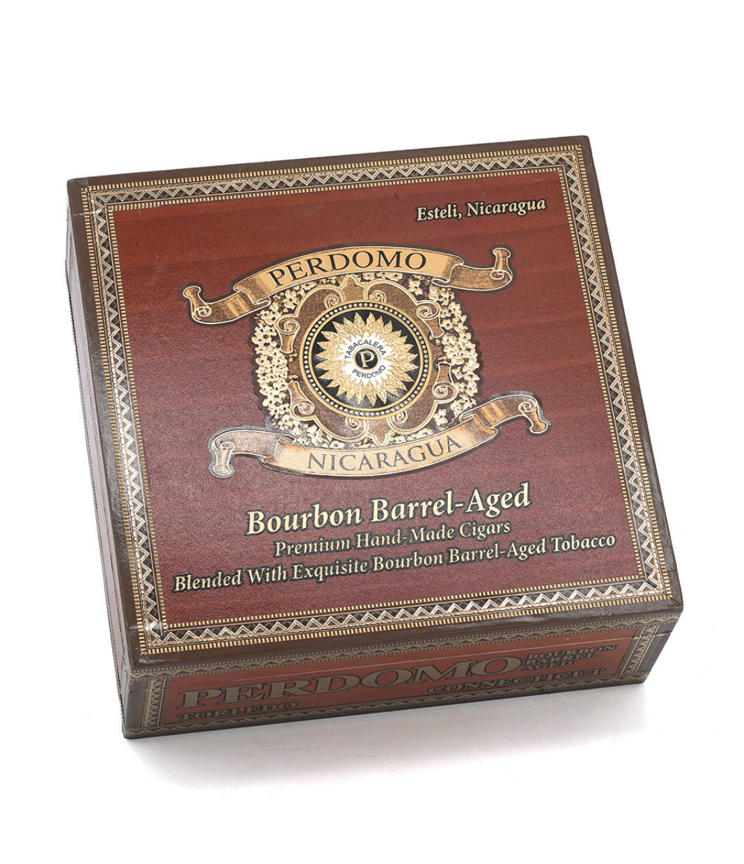 Perdomo Nicaragua Bourbon Barrel Aged Connecticut Torpedo Cigar Box View 3 from AuCigars, premium Cuban cigar