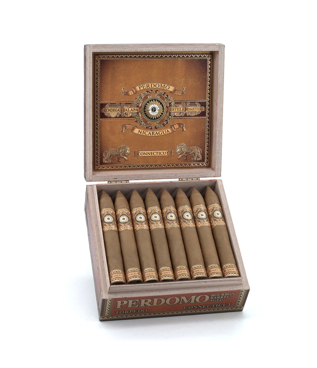 Perdomo Nicaragua Bourbon Barrel Aged Connecticut Torpedo Cigar Box of 24 close-up from AuCigars, premium Cuban cigar