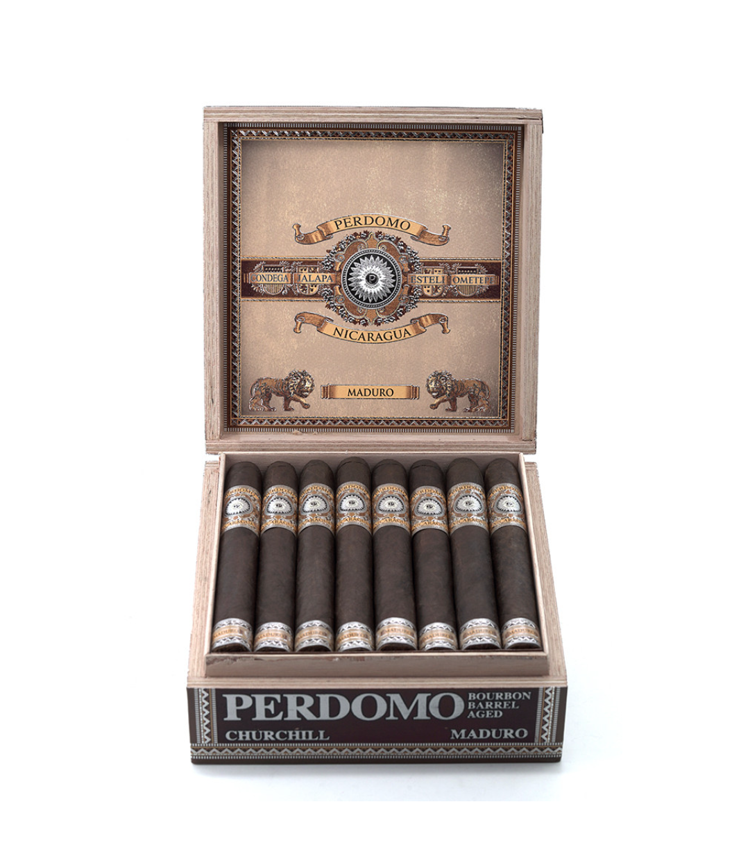 Perdomo Nicaragua Bourbon Barrel Aged Maduro Churchill Cigar Box View 2 from AuCigars, premium Cuban cigar