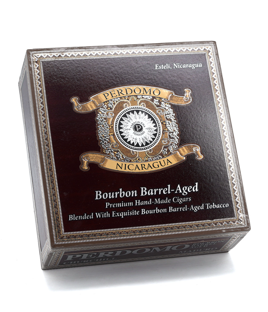 Perdomo Nicaragua Bourbon Barrel Aged Maduro Churchill Cigar Box View 3 from AuCigars, premium Cuban cigar