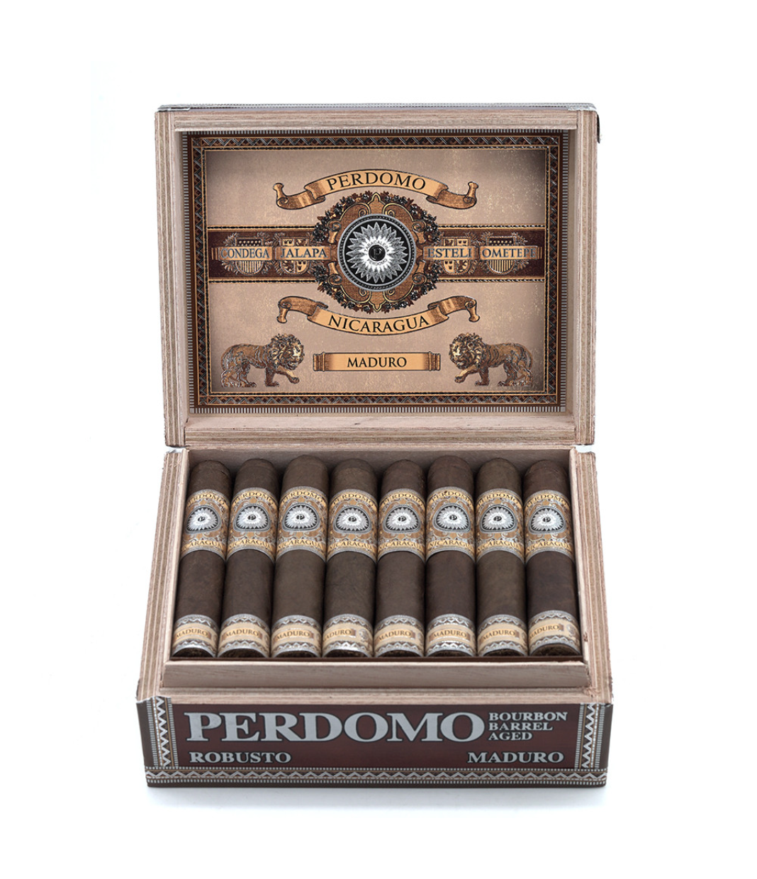 Perdomo Nicaragua Bourbon Barrel Aged Maduro Robusto Cigar Box View 2 from AuCigars, premium Cuban cigar