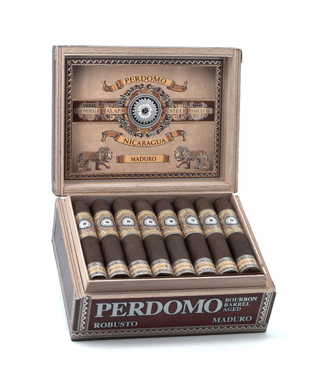 Perdomo Nicaragua Bourbon Barrel Aged Maduro Robusto Cigar Box of 24 close-up from AuCigars, premium Cuban cigar