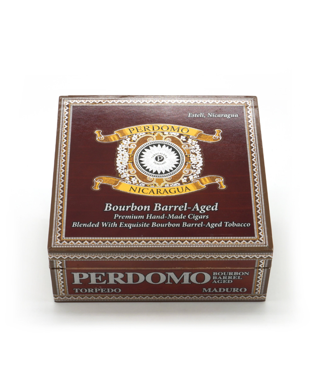 Perdomo Nicaragua Bourbon Barrel Aged Maduro Torpedo Cigar Box View 3 from AuCigars, premium Cuban cigar