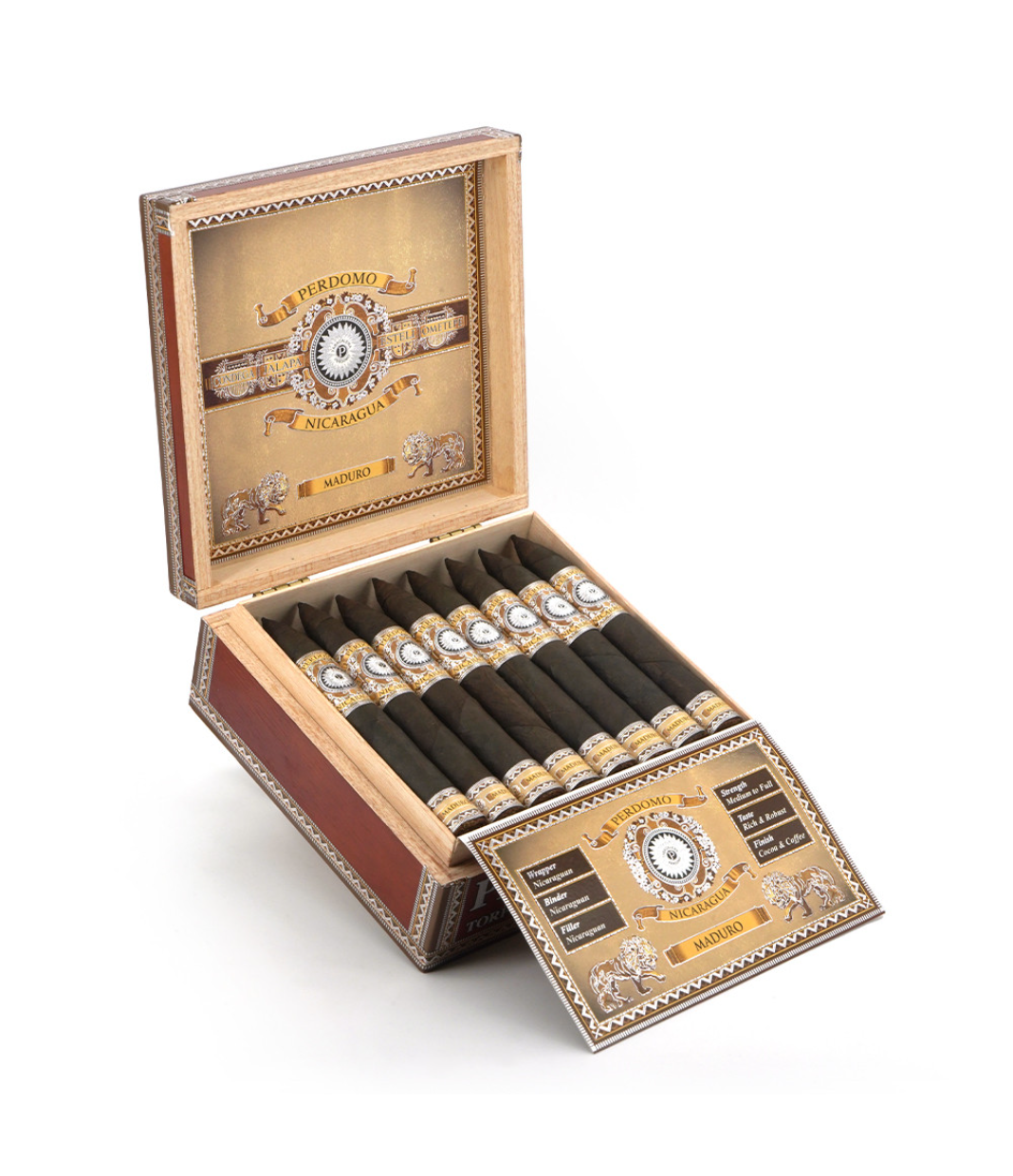 Perdomo Nicaragua Bourbon Barrel Aged Maduro Torpedo Cigar Box of 24 close-up from AuCigars, premium Cuban cigar