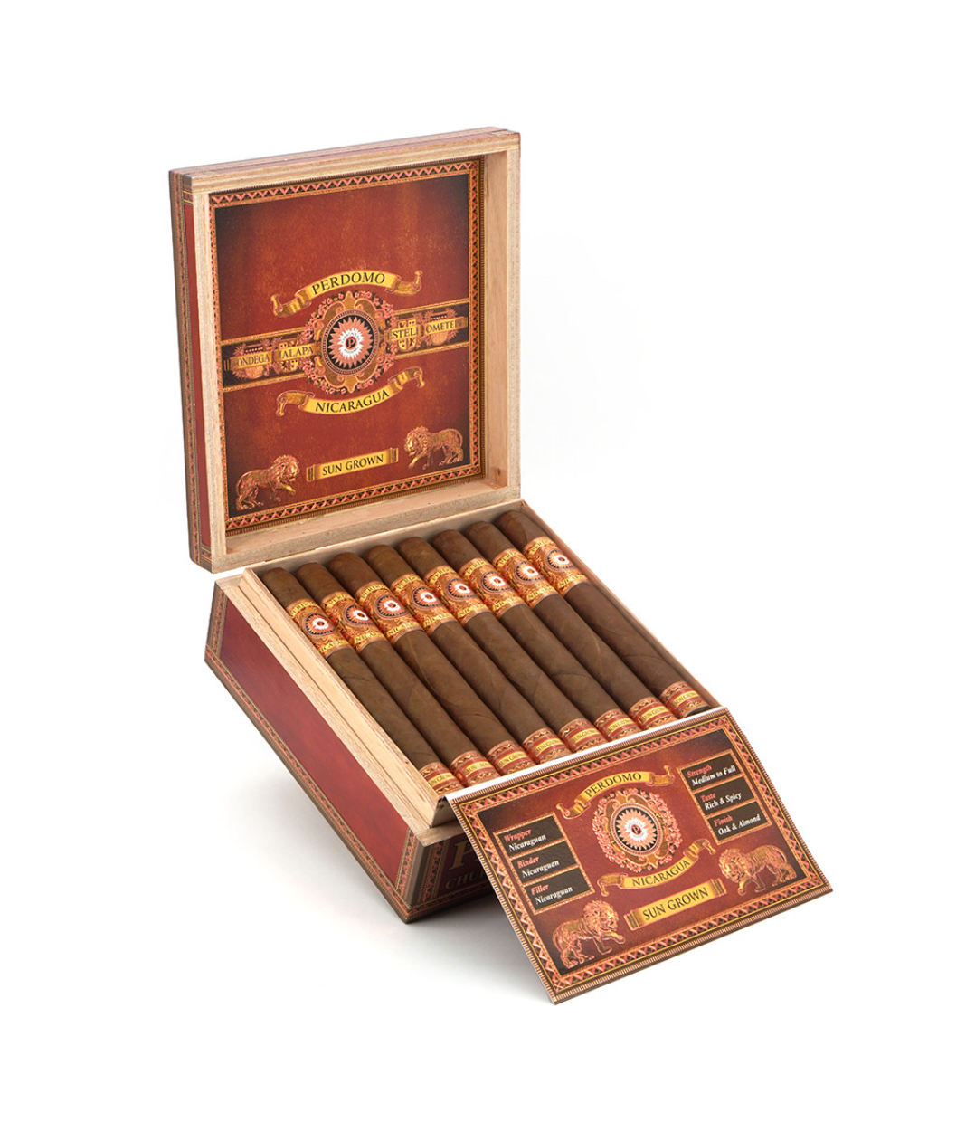 Perdomo Nicaragua Bourbon Barrel Aged Sun Grown Churchill Cigar Box of 24 close-up from AuCigars, premium Cuban cigar