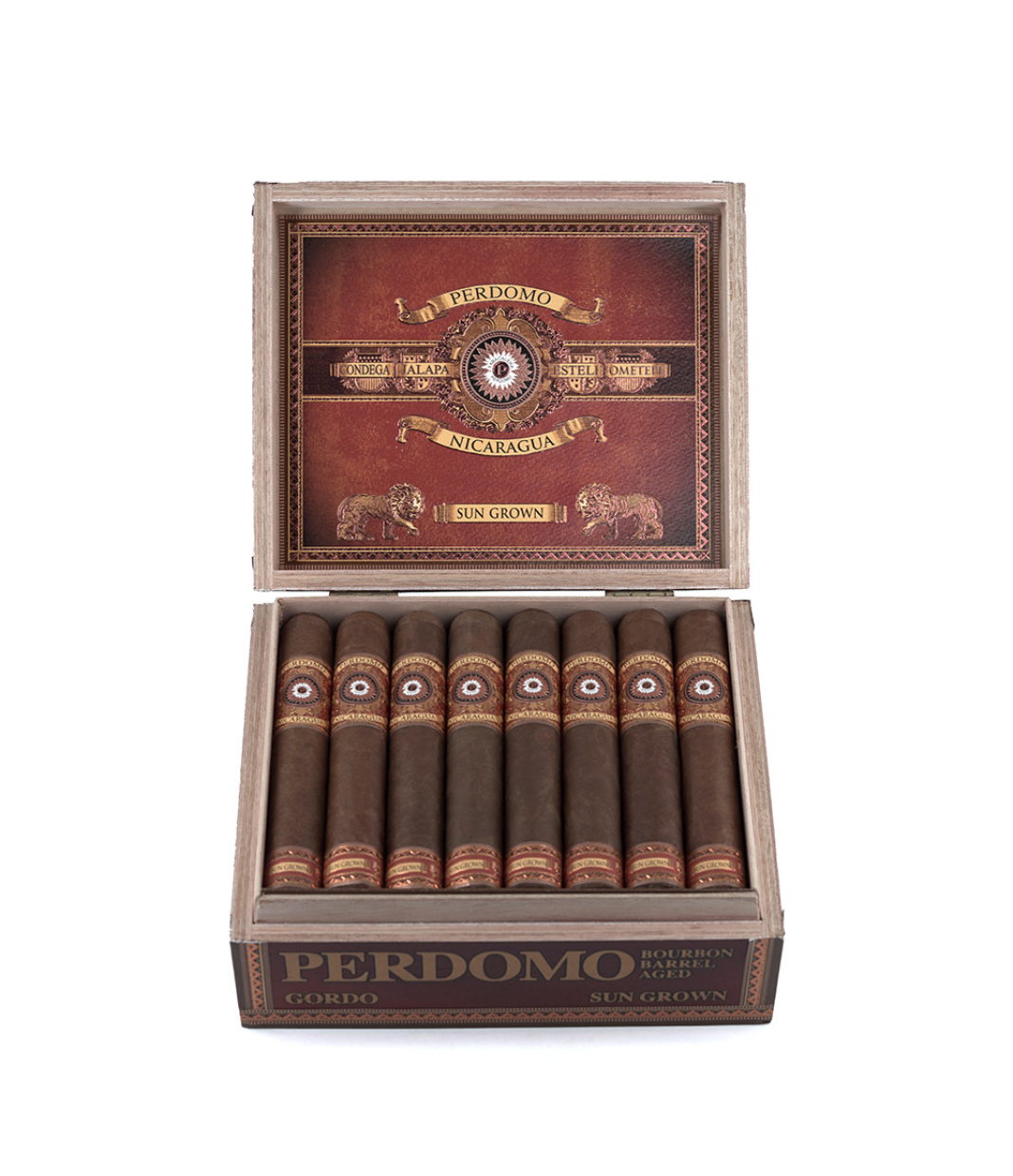 Perdomo Nicaragua Bourbon Barrel Aged Sun Grown Gordo Cigar Box View 2 from AuCigars, premium Cuban cigar