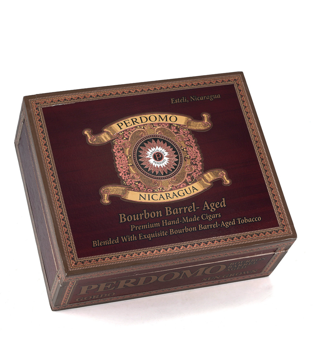 Perdomo Nicaragua Bourbon Barrel Aged Sun Grown Gordo Cigar Box View 3 from AuCigars, premium Cuban cigar