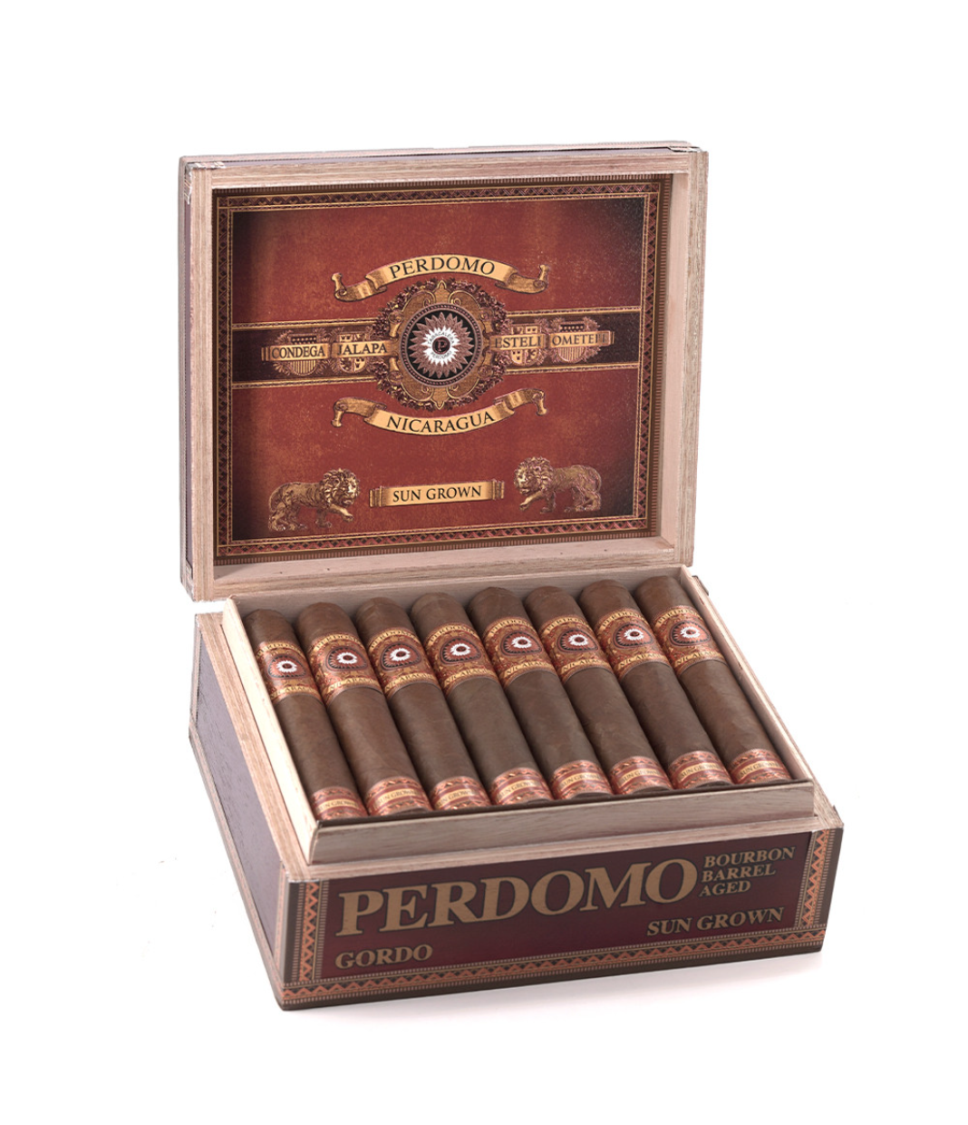 Perdomo Nicaragua Bourbon Barrel Aged Sun Grown Gordo Cigar Box of 24 close-up from AuCigars, premium Cuban cigar