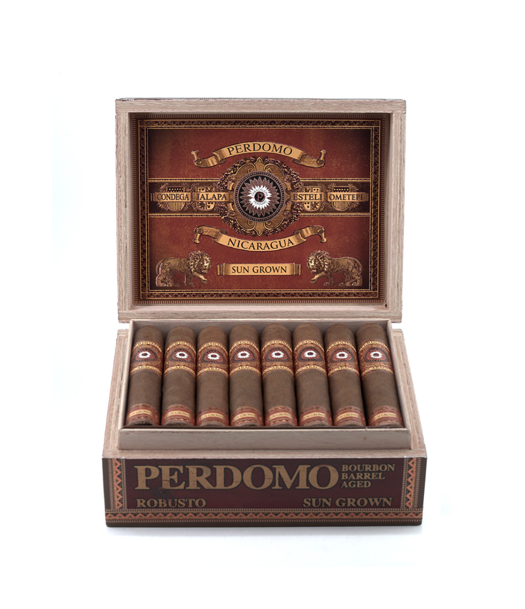 Perdomo Nicaragua Bourbon Barrel Aged Sun Grown Robusto Cigar Box View 2 from AuCigars, premium Cuban cigar