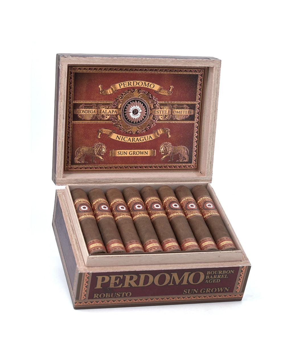 Perdomo Nicaragua Bourbon Barrel Aged Sun Grown Robusto Cigar Box of 24 close-up from AuCigars, premium Cuban cigar