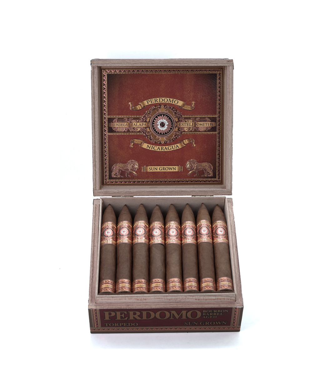 Perdomo Nicaragua Bourbon Barrel Aged Sun Grown Torpedo Cigar Box View 2 from AuCigars, premium Cuban cigar