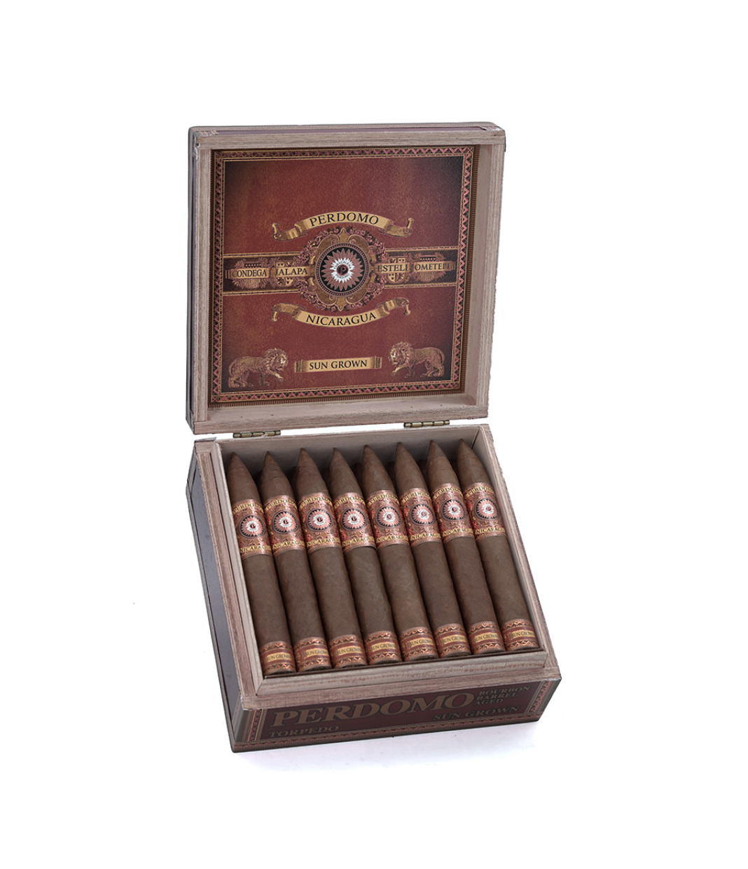 Perdomo Nicaragua Bourbon Barrel Aged Sun Grown Torpedo Cigar Box of 24 close-up from AuCigars, premium Cuban cigar