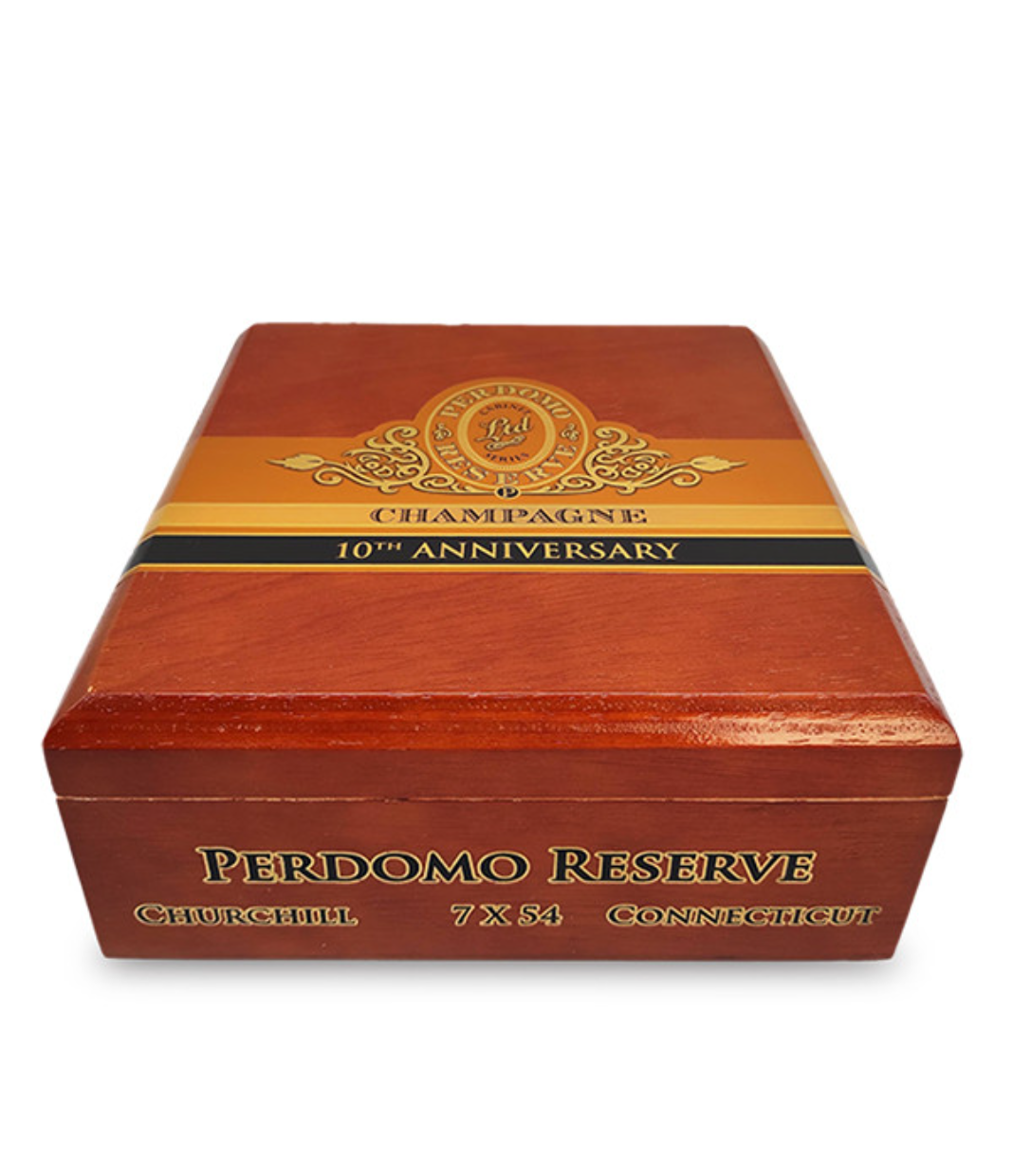 Perdomo Reserve 10th Anniversary Connecticut Churchill Cigar Box View 2 from AuCigars, premium Cuban cigar