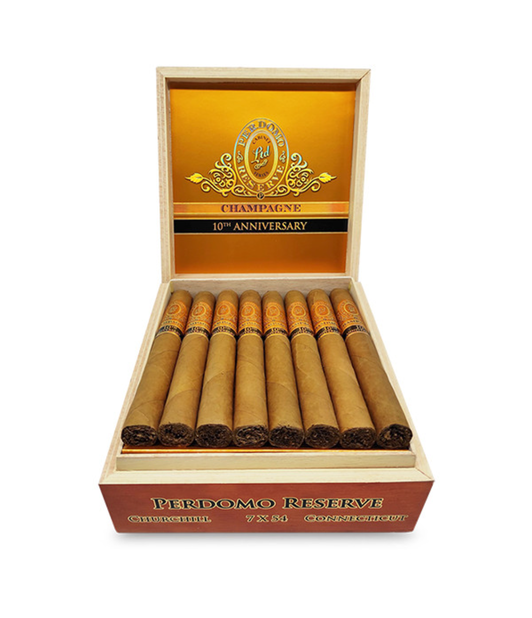 Perdomo Reserve 10th Anniversary Connecticut Churchill Cigar Box of 25 close-up from AuCigars, premium Cuban cigar
