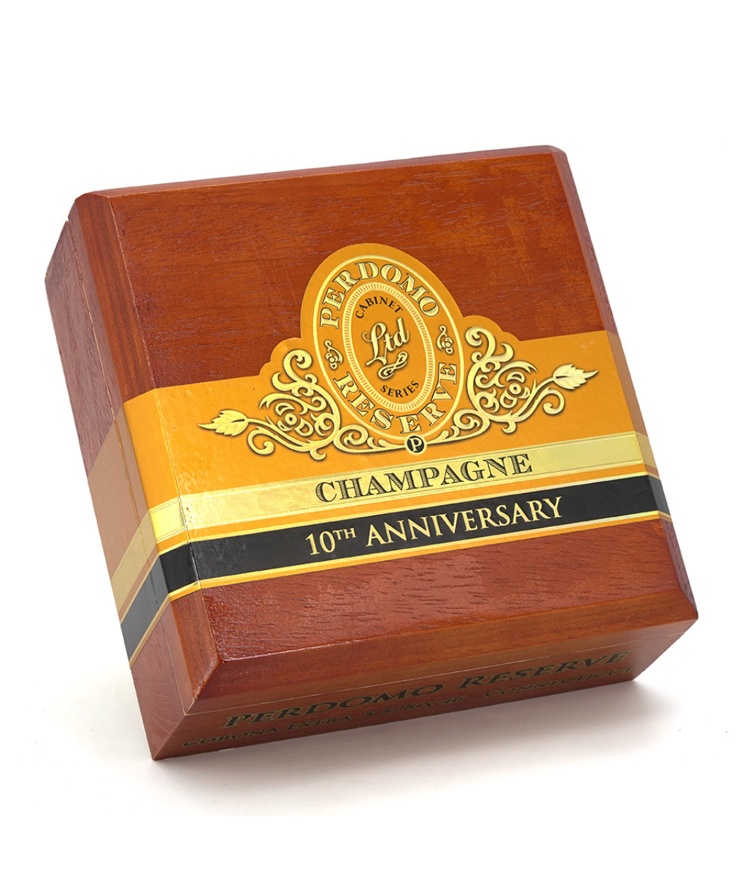 Perdomo Reserve 10th Anniversary Connecticut Corona Extra Cigar Box View 3 from AuCigars, premium Cuban cigar