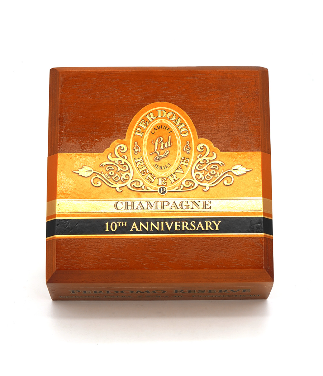 Perdomo Reserve 10th Anniversary Connecticut Corona Extra Cigar Box View 4 from AuCigars, premium Cuban cigar
