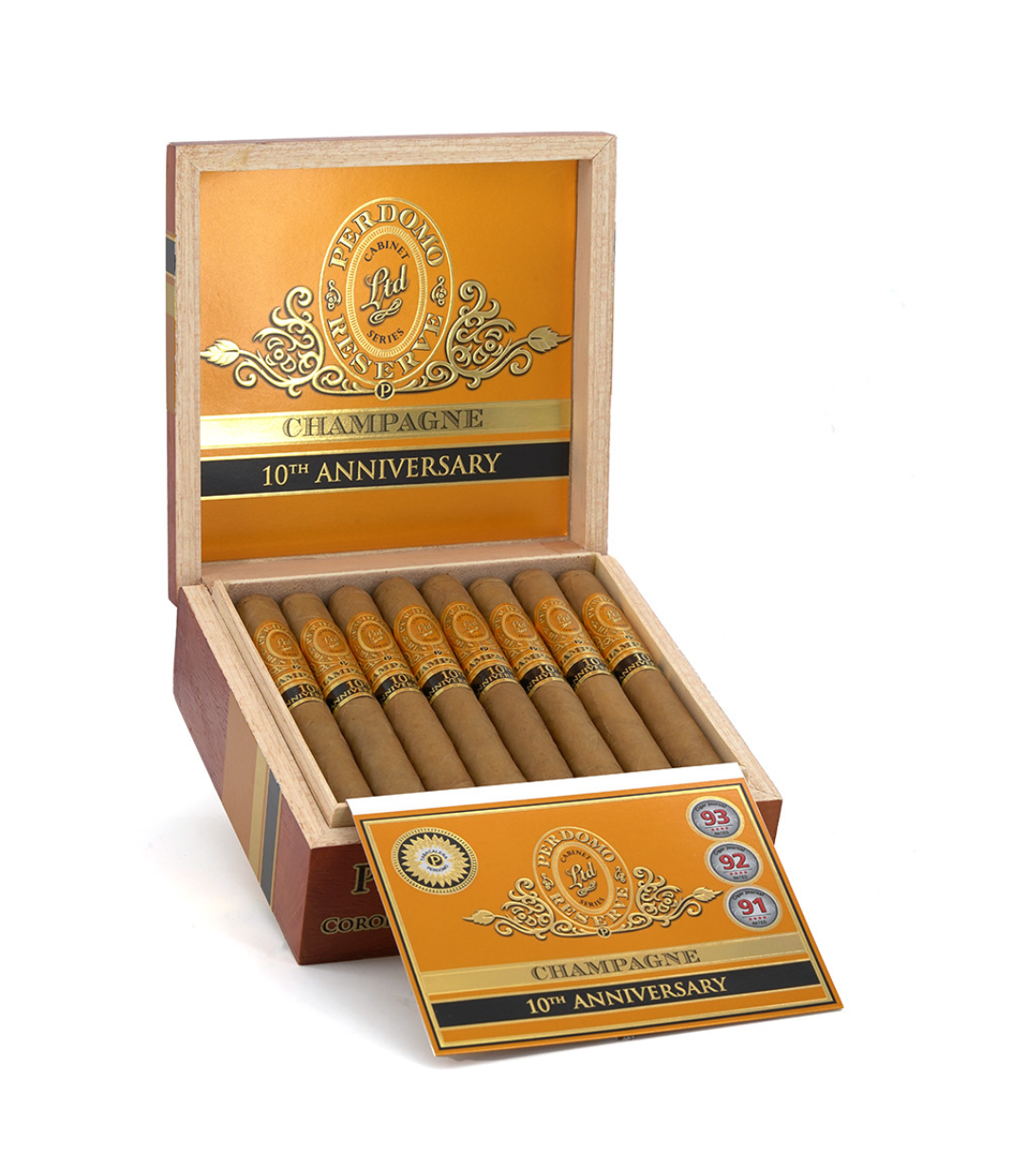 Perdomo Reserve 10th Anniversary Connecticut Corona Extra Cigar Box of 25 close-up from AuCigars, premium Cuban cigar