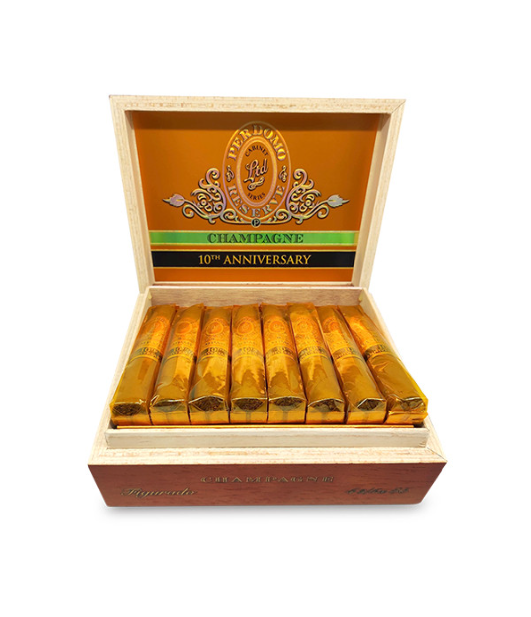 Perdomo Reserve 10th Anniversary Connecticut Figurado Cigar Box of 25 close-up from AuCigars, premium Cuban cigar