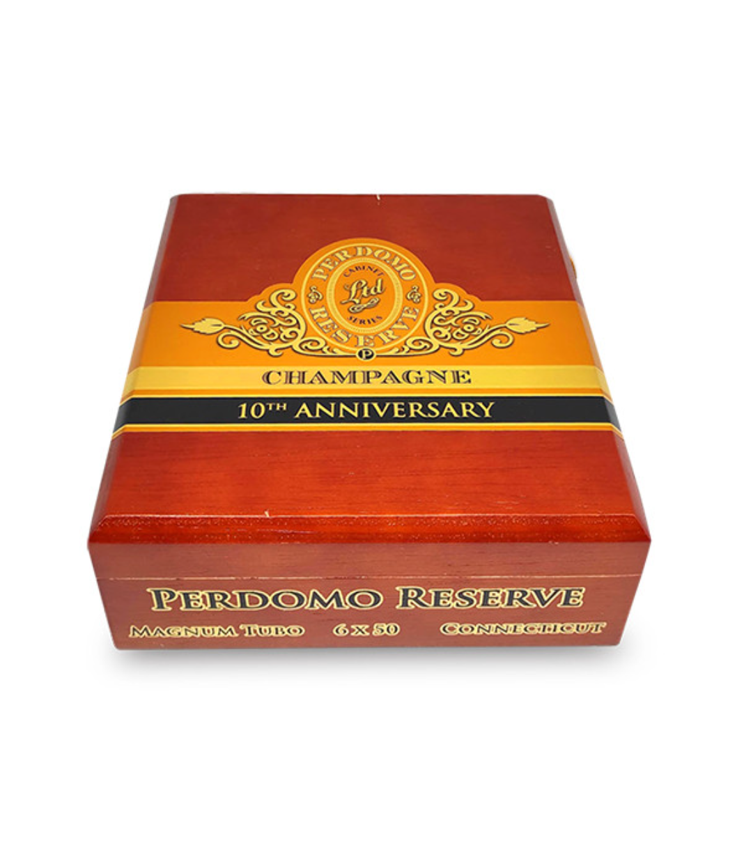 Perdomo Reserve 10th Anniversary Connecticut Magnum 50 Tubo Cigar Box View 2 from AuCigars, premium Cuban cigar