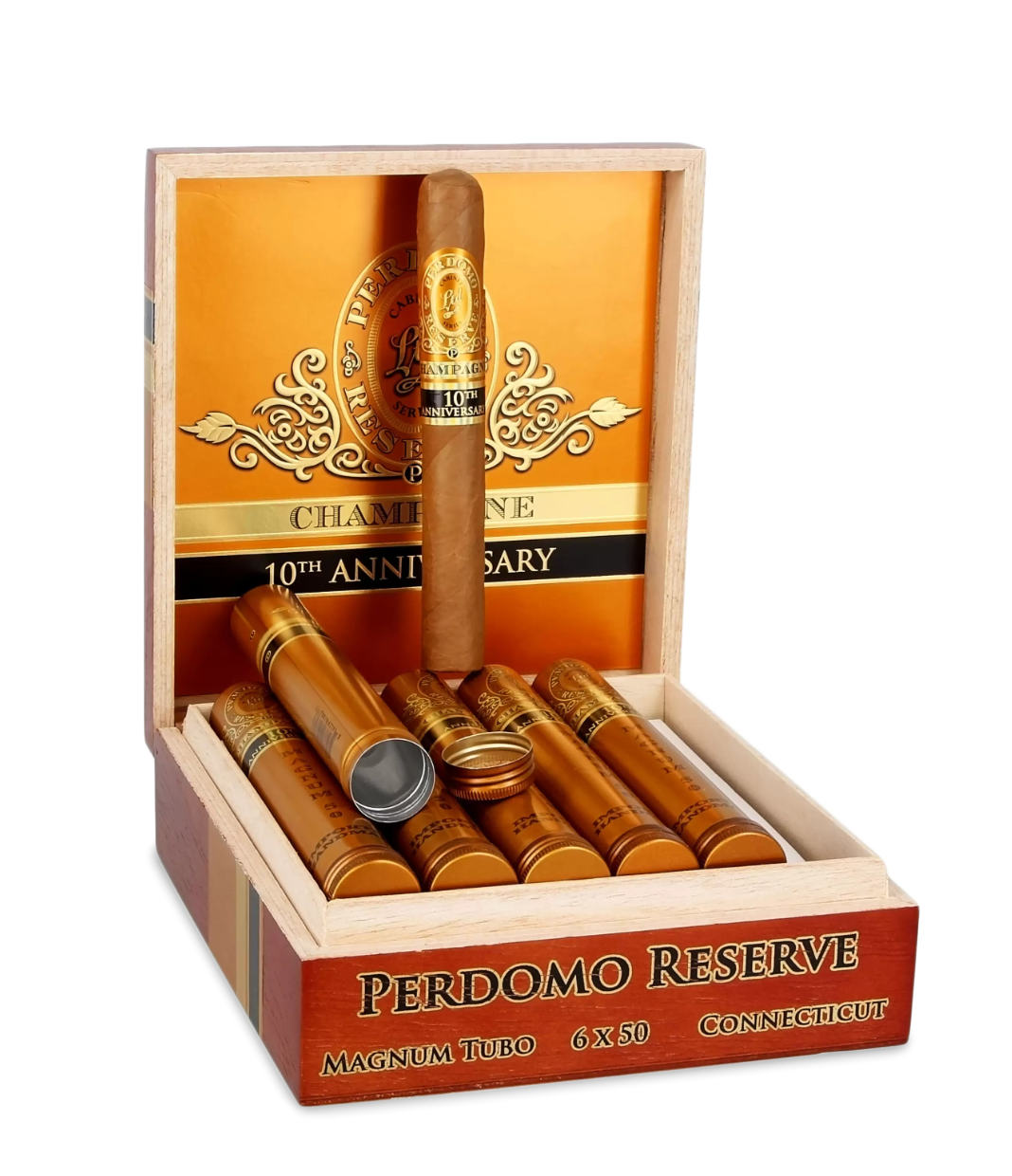 Perdomo Reserve 10th Anniversary Connecticut Magnum 50 Tubo Cigar Box of 12 close-up from AuCigars, premium Cuban cigar