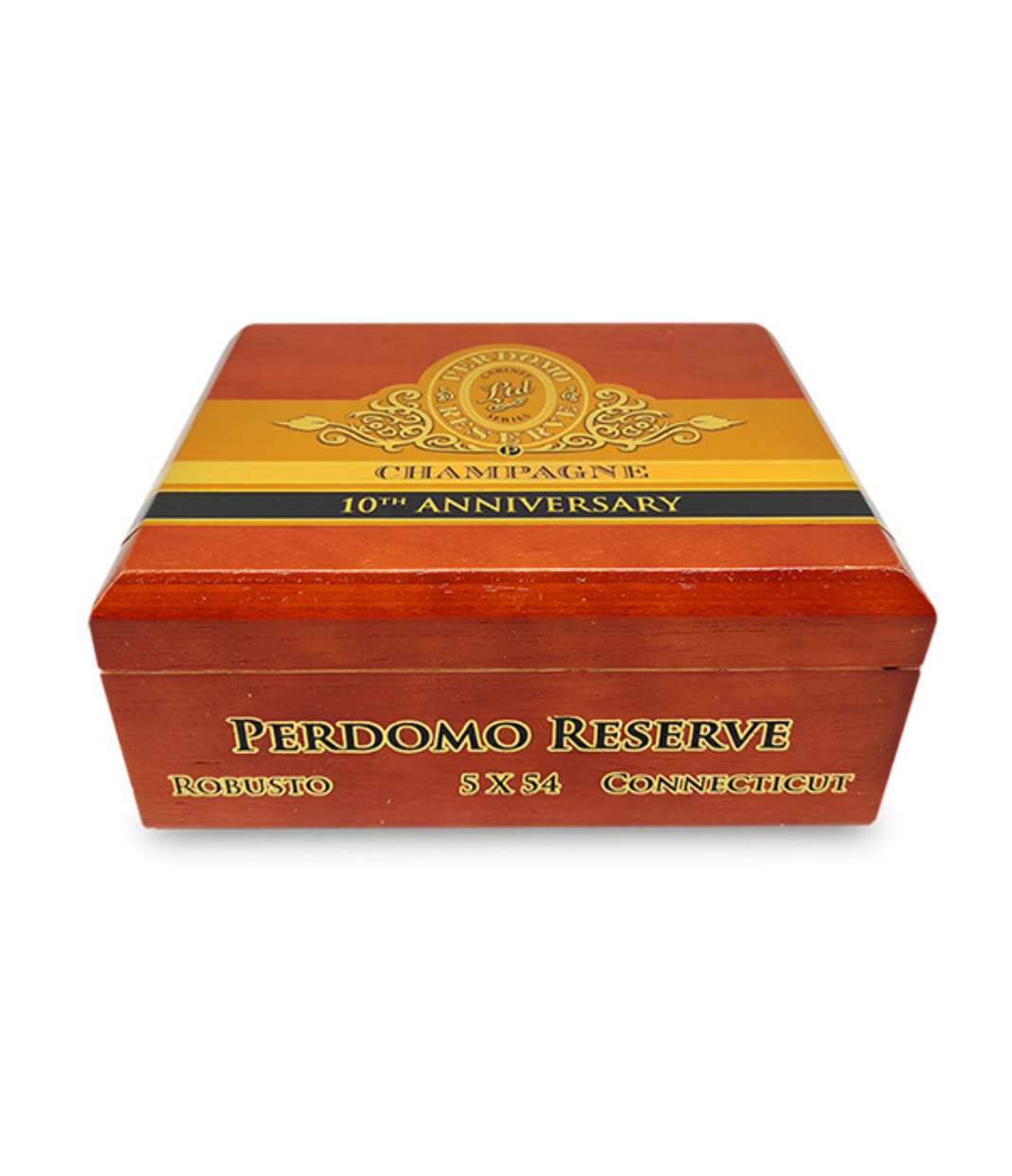 Perdomo Reserve 10th Anniversary Connecticut Robusto Cigar Box View 2 from AuCigars, premium Cuban cigar