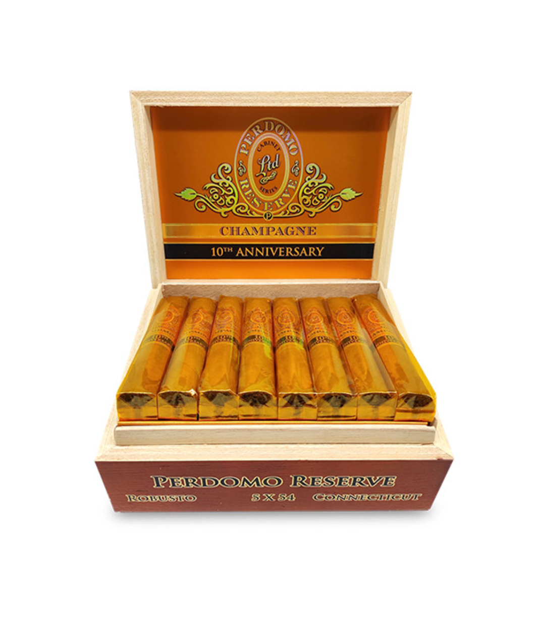 Perdomo Reserve 10th Anniversary Connecticut Robusto Cigar Box of 25 close-up from AuCigars, premium Cuban cigar