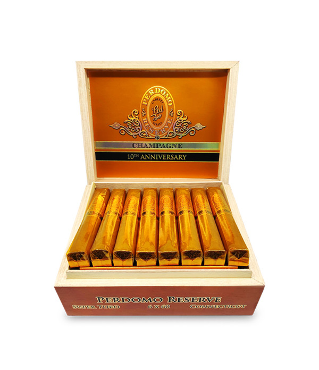 Perdomo Reserve 10th Anniversary Connecticut Super Toro Cigar Box of 25 close-up from AuCigars, premium Cuban cigar