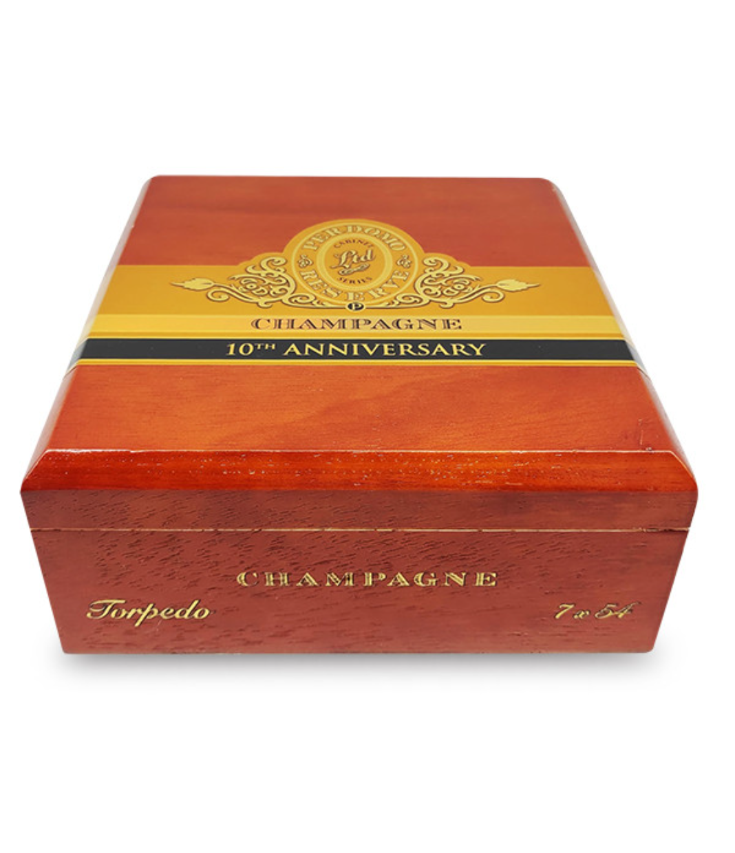 Perdomo Reserve 10th Anniversary Connecticut Torpedo Cigar Box View 2 from AuCigars, premium Cuban cigar